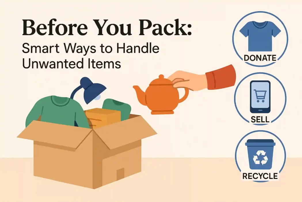 Illustration of a cardboard box filled with household items like clothes and a lamp, with icons representing donation, selling, and recycling options for unwanted items.