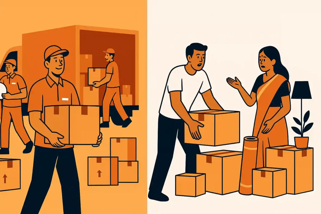 Illustration showing a comparison between professional packers and movers and an Indian couple doing a DIY relocation.