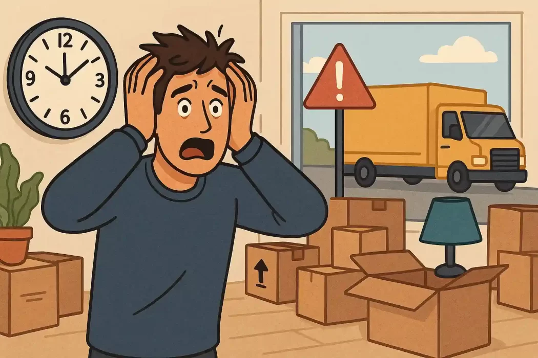 A stressed man stands amid unpacked boxes and a delayed moving truck, symbolizing the chaos of moving delays.