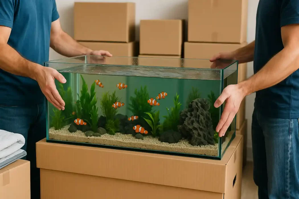 Two people carefully lifting a large glass aquarium filled with clownfish and aquatic plants, surrounded by cardboard boxes during a move.