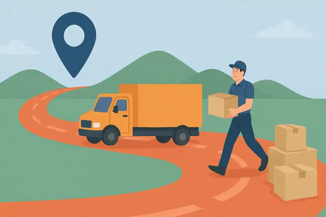 Illustration of a mover carrying a box near a moving truck on a winding road with mountains in the background, symbolizing long distance moving.