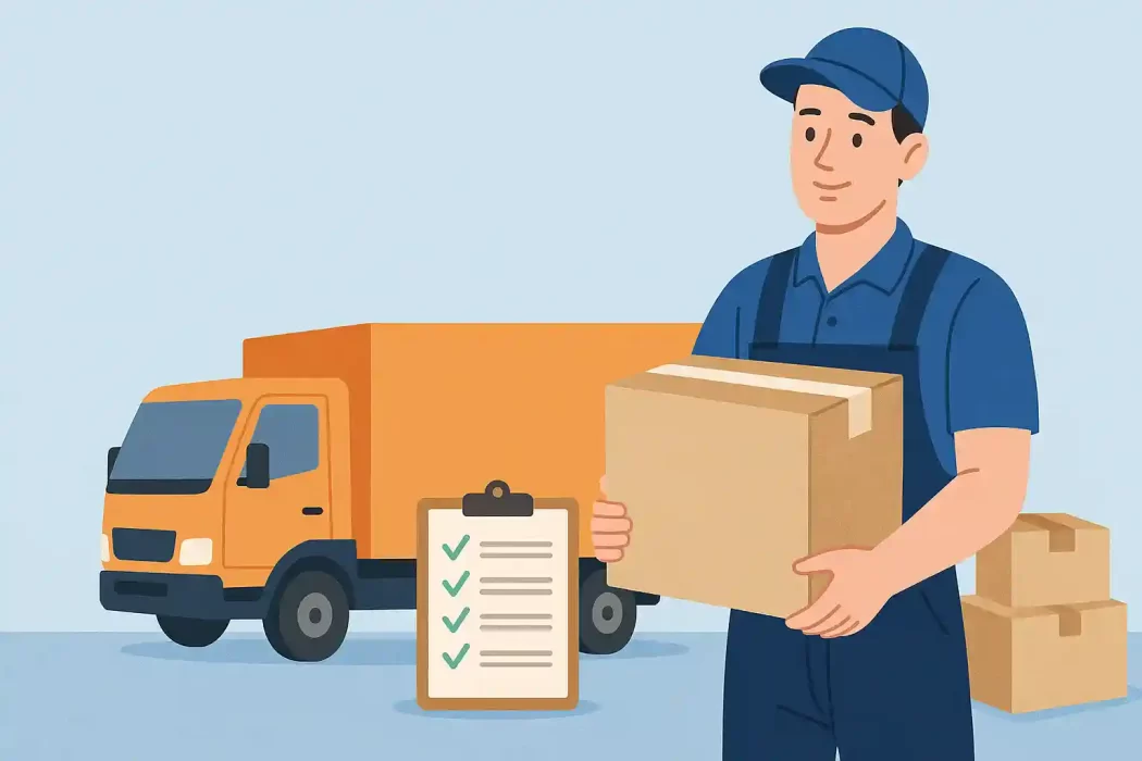 Illustration of a professional mover holding a box in front of a moving truck and checklist, representing a reliable moving company.