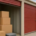 Open storage facility unit with neatly stacked moving boxes and a plastic container in front of red metal doors.