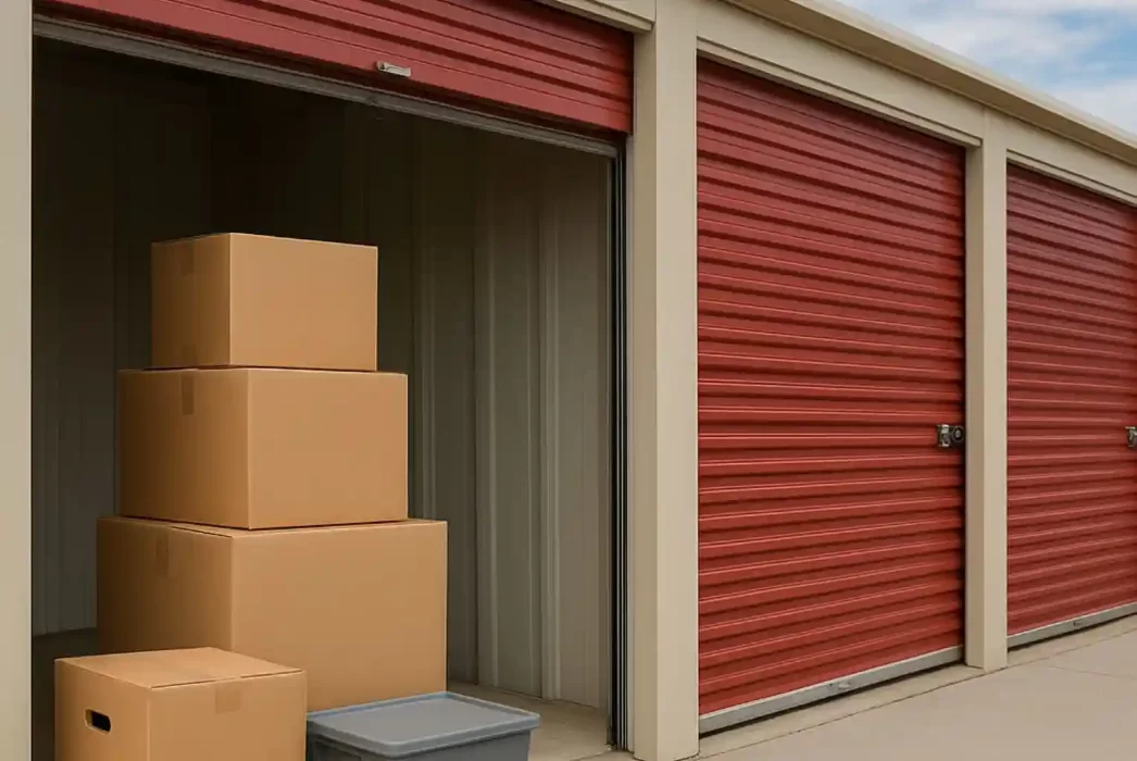Open storage facility unit with neatly stacked moving boxes and a plastic container in front of red metal doors.