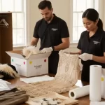 A person carefully wraps and packs a delicate vintage dress with tissue paper into a moving box.
