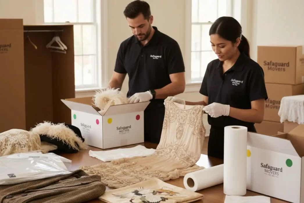 A person carefully wraps and packs a delicate vintage dress with tissue paper into a moving box.