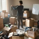 A person stands in a living room, surrounded by cardboard boxes and piles of clothes, holding up a sweater as they decide what to keep, donate, or discard while decluttering before a move.