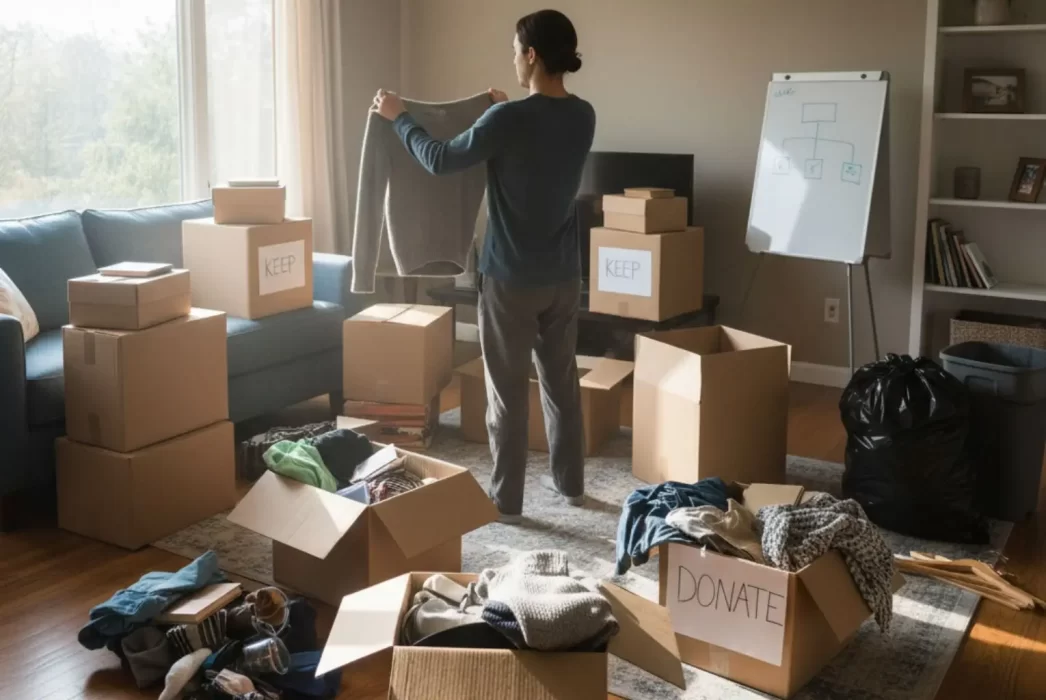 A person stands in a living room, surrounded by cardboard boxes and piles of clothes, holding up a sweater as they decide what to keep, donate, or discard while decluttering before a move.