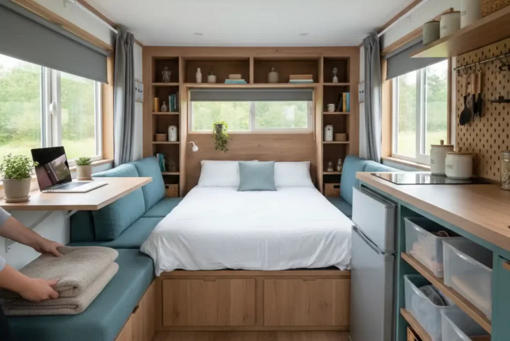 A modern, well-organized interior of a tiny home showing a multifunctional living space with a bed, built-in storage shelves, and a person neatly folding a blanket onto a blue cushioned bench.