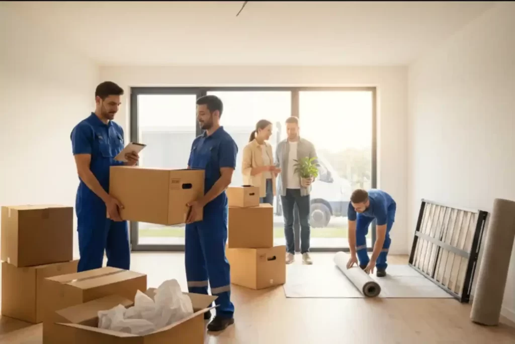 Professional packers and movers in blue uniforms carrying cardboard boxes and rolling out a rug inside a bright, modern rental apartment.