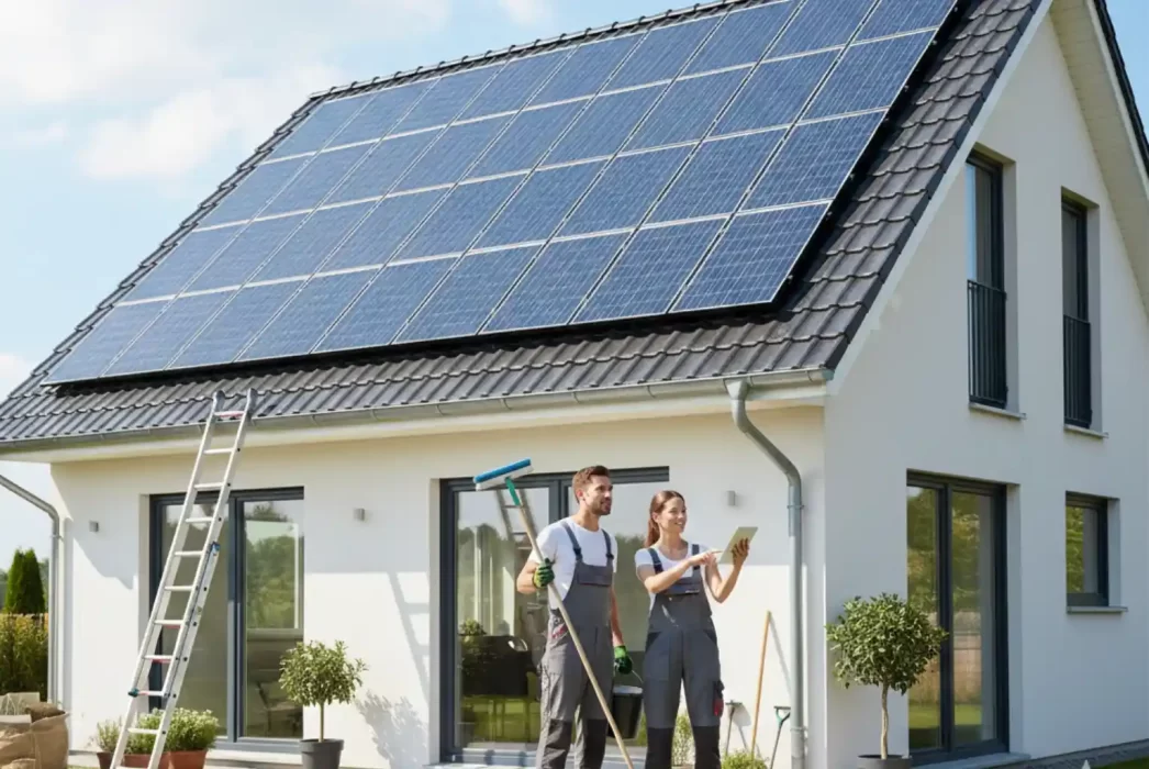 A young couple standing in front of their new modern house with solar panels on the roof, holding cleaning supplies and a tablet to inspect the system.