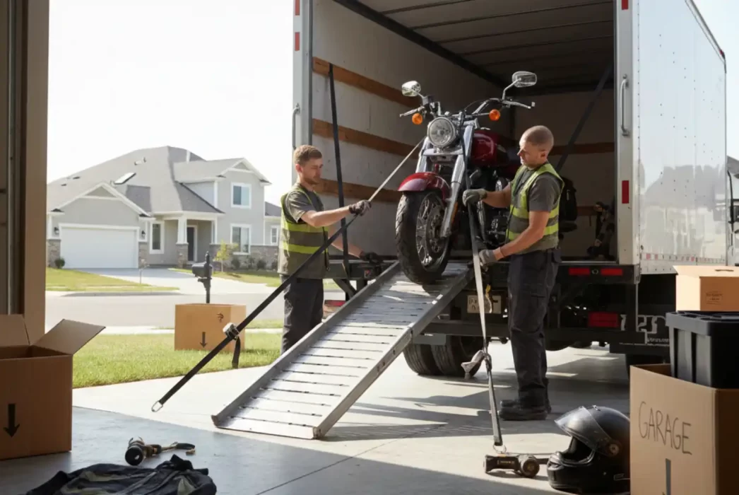 Professional movers carefully loading a red cruiser motorcycle into a transport truck using a heavy-duty ramp and safety straps.