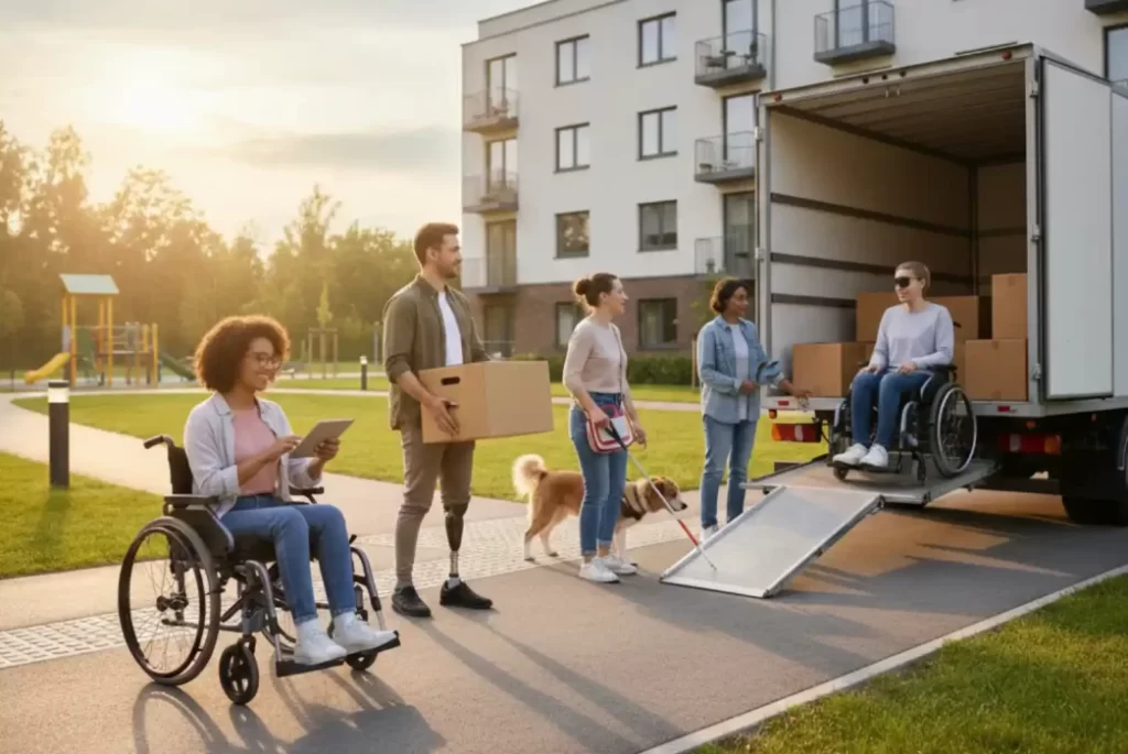 A diverse group of people with various disabilities, including wheelchair users and a person with a guide dog, loading a moving truck with a ramp in a bright outdoor setting.