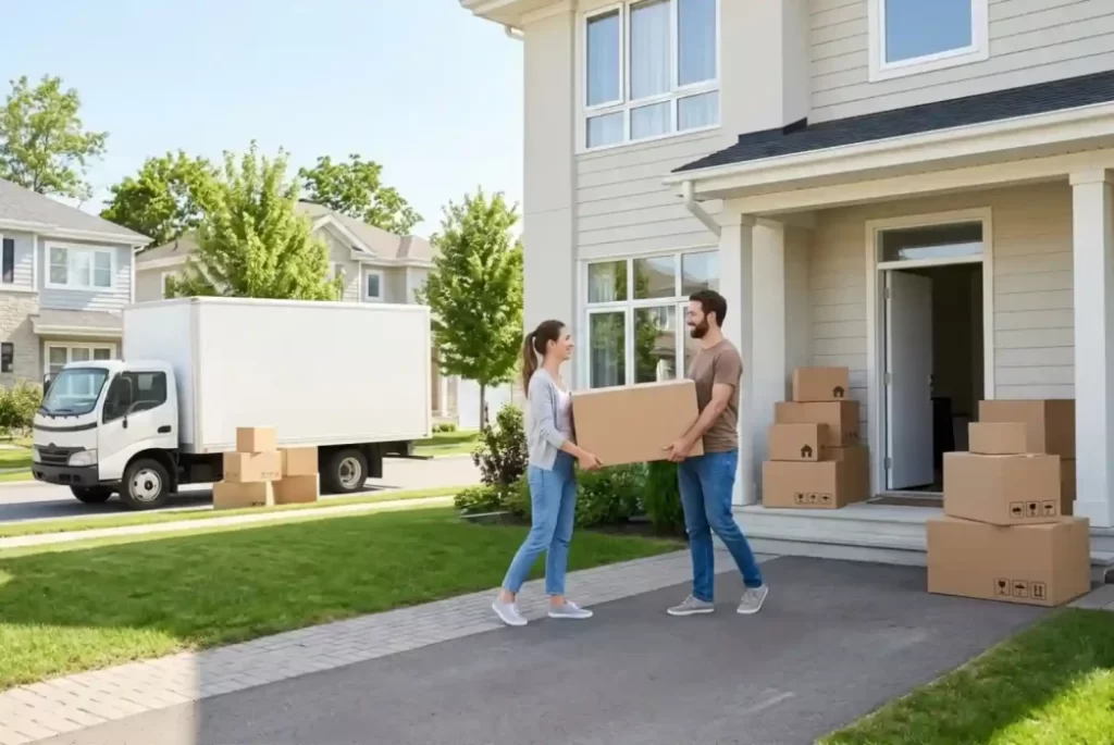 A smiling couple carrying a moving box together in front of their new house with a white moving truck parked in the driveway.