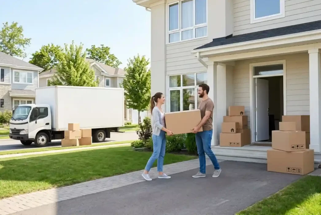 A smiling couple carrying a moving box together in front of their new house with a white moving truck parked in the driveway.