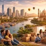 Family moving into a new home with scenic Indian city skyline representing top cities to live in India.