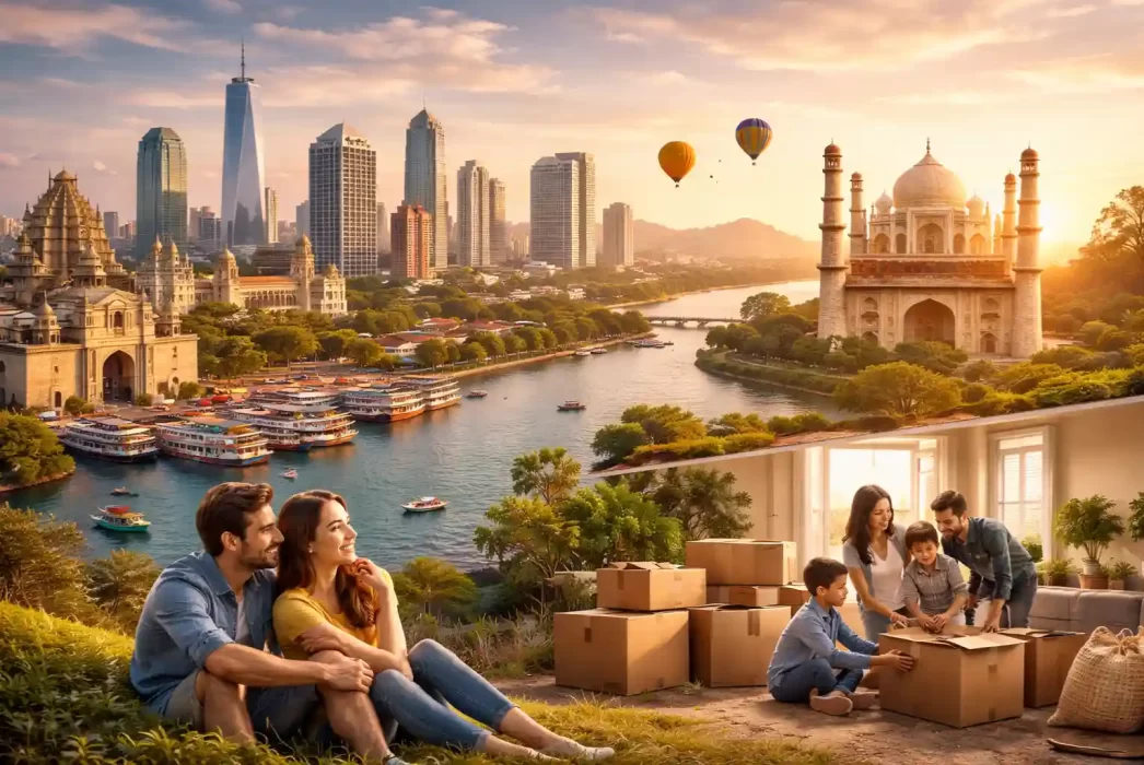 Family moving into a new home with scenic Indian city skyline representing top cities to live in India.