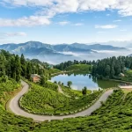 Collage of Indian hill station landscapes with tea gardens, lakes, and tourists enjoying summer destinations in India