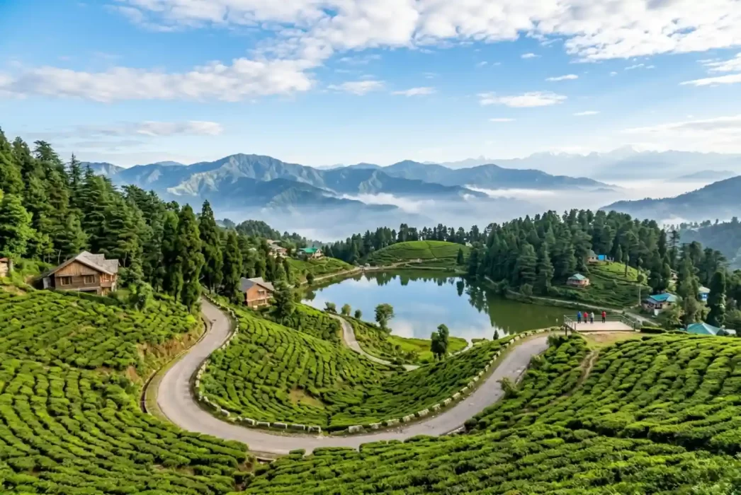 Collage of Indian hill station landscapes with tea gardens, lakes, and tourists enjoying summer destinations in India