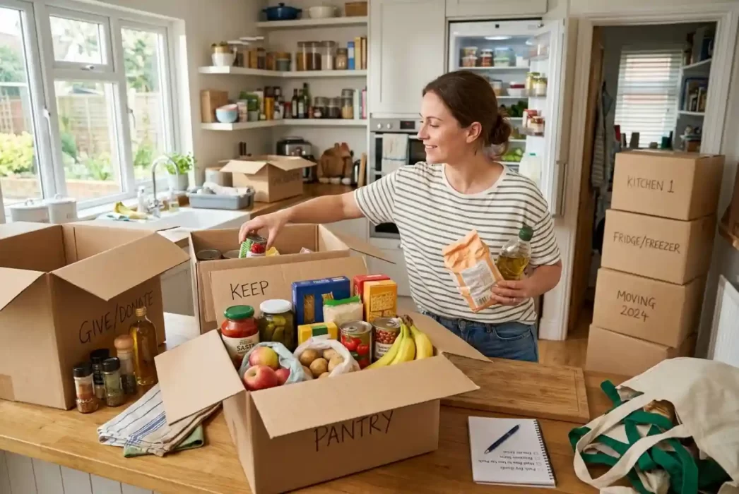 Woman sorting food items into labelled moving boxes — Keep, Pantry, and Give/Donate — while packing her kitchen before moving house