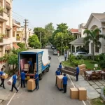 Professional packers and movers loading furniture and boxes from a small apartment building and a large luxury villa into a moving truck.