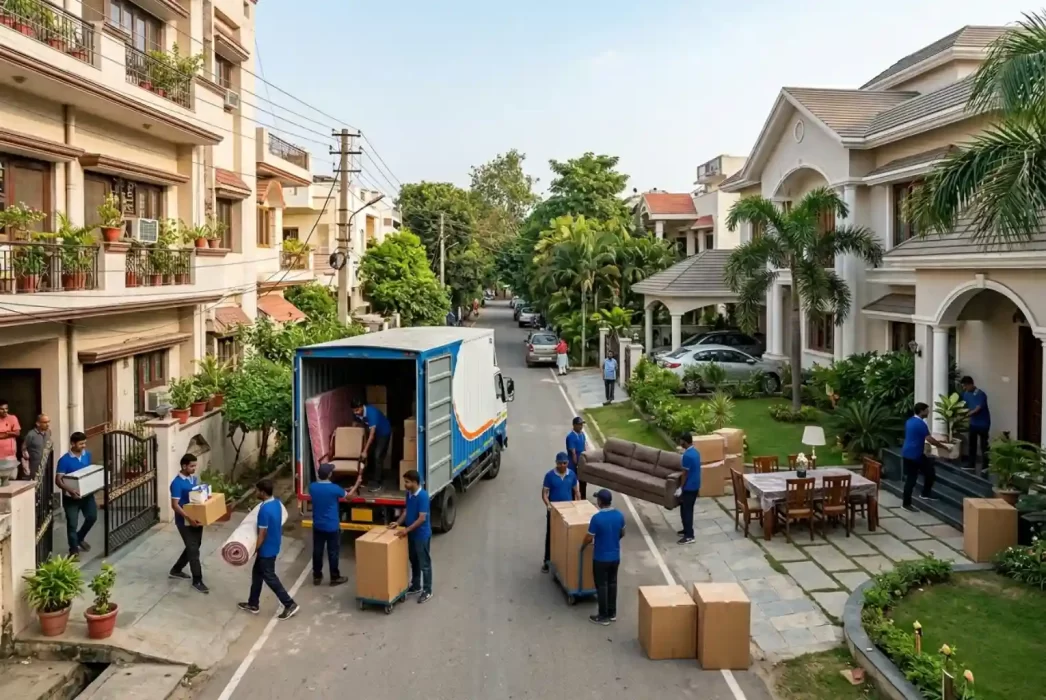 Professional packers and movers loading furniture and boxes from a small apartment building and a large luxury villa into a moving truck.