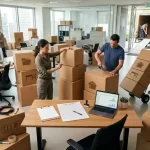 Office moving checklist in action with employees packing labeled boxes during a corporate office relocation