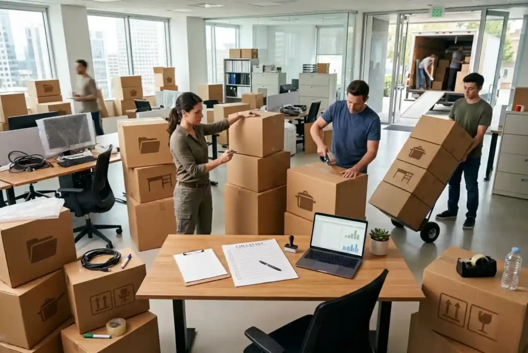 Office moving checklist in action with employees packing labeled boxes during a corporate office relocation