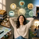 Stree-free relocation process with organized packing, moving truck, and a calm person planning a smooth move