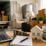 Packed household items, moving truck, calculator, and savings jar showing interstate relocation costs in India.