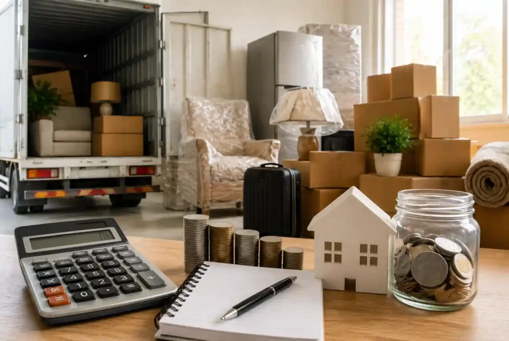 Packed household items, moving truck, calculator, and savings jar showing interstate relocation costs in India.