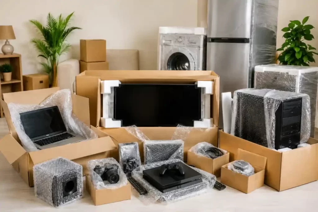 Packed fragile electronics including TV, laptop, gaming console, and appliances prepared safely for home relocation in India.