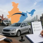 A car being transported across Indian states on a highway, with vehicle documents, car keys, and transfer paperwork symbolizing the Inter-State Vehicle Transfer process, including RC transfer, road tax compliance, and NOC requirements.