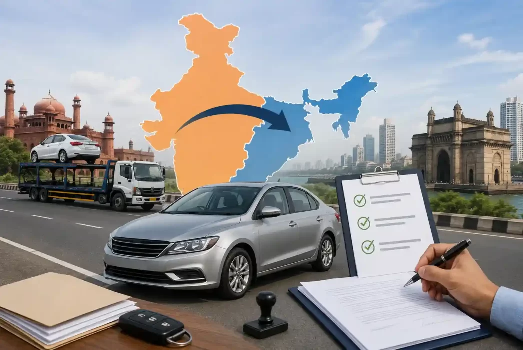 A car being transported across Indian states on a highway, with vehicle documents, car keys, and transfer paperwork symbolizing the Inter-State Vehicle Transfer process, including RC transfer, road tax compliance, and NOC requirements.