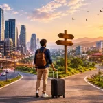 Professional with luggage choosing between a metropolitan city and a peaceful Tier-2 city, representing relocation trends among Indian professionals in 2026.