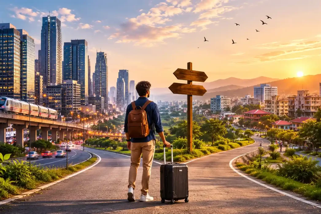 Professional with luggage choosing between a metropolitan city and a peaceful Tier-2 city, representing relocation trends among Indian professionals in 2026.