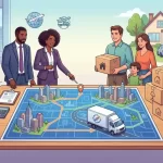 An illustration of HR executives and a relocating family planning a move on a map, highlighting the logistics of corporate relocation services.
