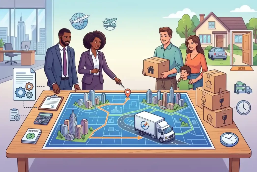 An illustration of HR executives and a relocating family planning a move on a map, highlighting the logistics of corporate relocation services.