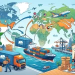 Alt Text An illustrated infographic map detailing India Relocations' global services. On the left, workers pack boxes near the Taj Mahal.