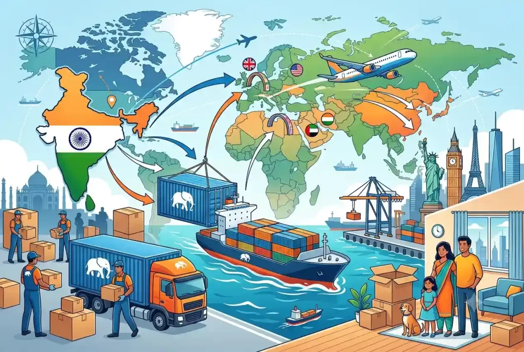 Alt Text An illustrated infographic map detailing India Relocations' global services. On the left, workers pack boxes near the Taj Mahal.