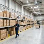 A clean, climate-controlled warehouse featuring organized high-bay shelves, visible HVAC ceiling ducts, and a worker inspecting inventory with a tablet.