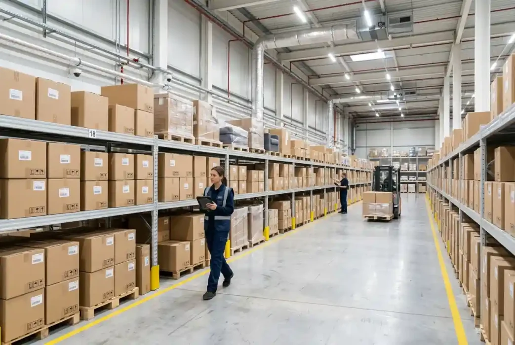 A clean, climate-controlled warehouse featuring organized high-bay shelves, visible HVAC ceiling ducts, and a worker inspecting inventory with a tablet.
