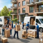 Movers in blue uniforms loading packed cardboard boxes and bubble-wrapped furniture into moving vans outside a modern apartment complex.