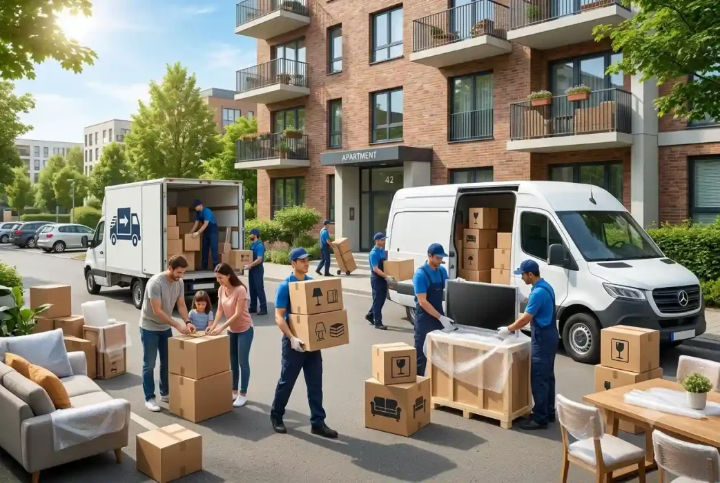 Movers in blue uniforms loading packed cardboard boxes and bubble-wrapped furniture into moving vans outside a modern apartment complex.
