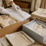 Carefully packed antique and vintage textiles placed in protective boxes with tissue paper for safe moving.