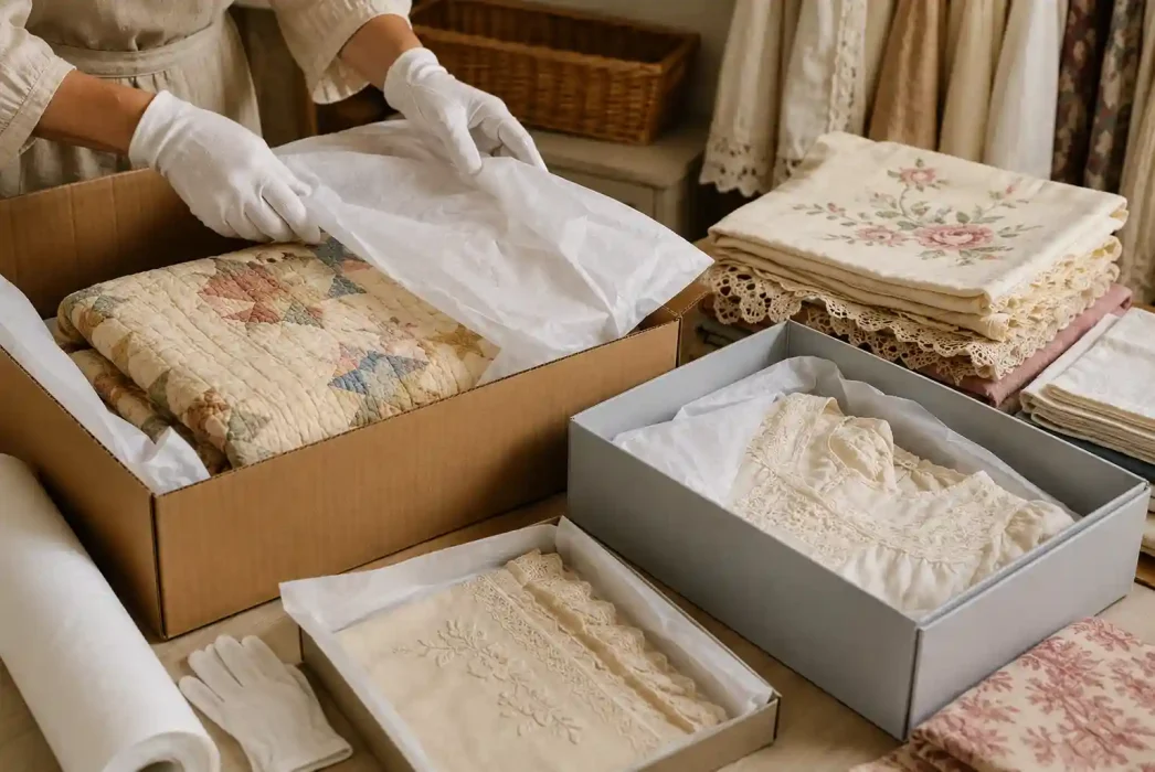 Carefully packed antique and vintage textiles placed in protective boxes with tissue paper for safe moving.