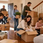 A large family packing moving boxes together inside their home while preparing for relocation.