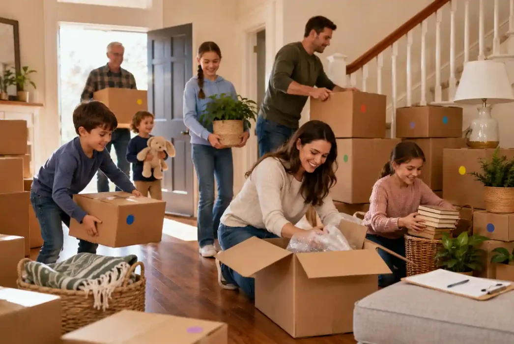 A large family packing moving boxes together inside their home while preparing for relocation.